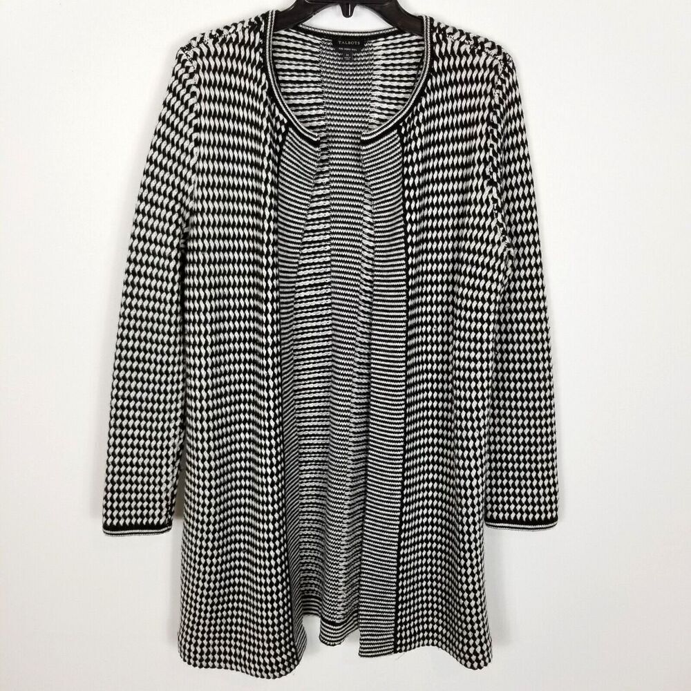 Talbots Women‎ Pure Merino Wool Cardigan Sweater Size M Black White Printed Open